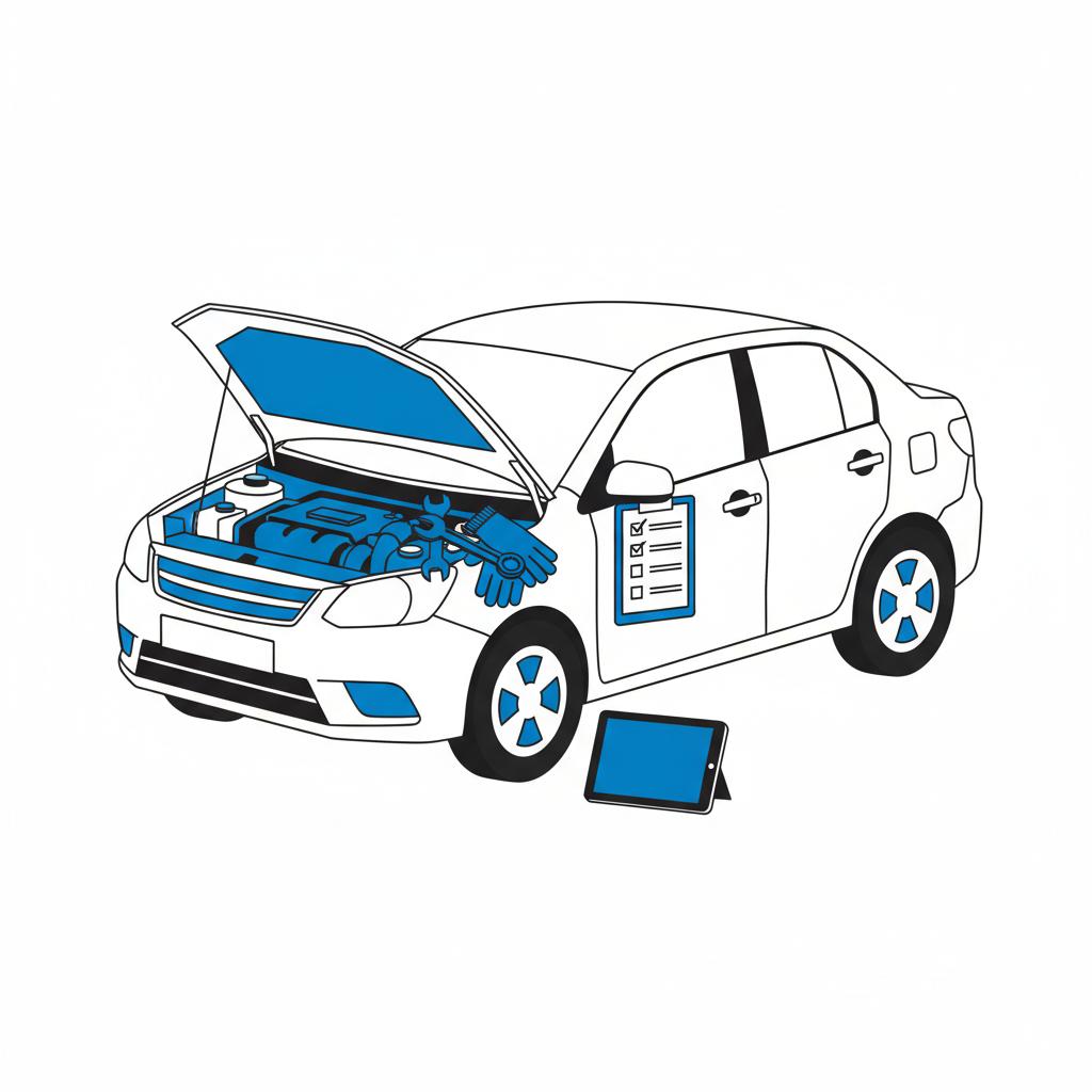 Minimalist vector of a compact sedan with open hood and clipboard wrench and gloves suggesting vehicles under 10000