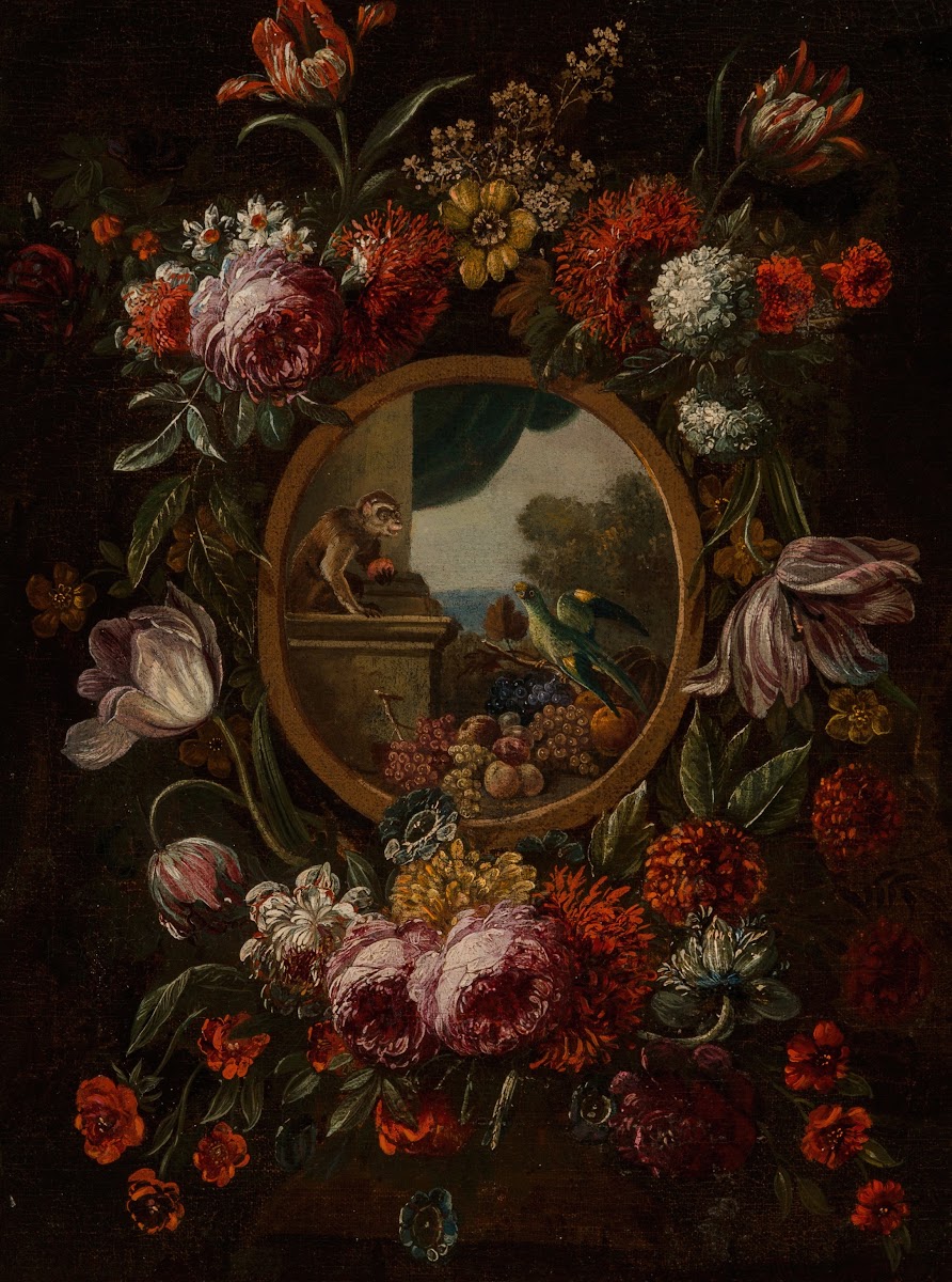 A garland of flowers encircling a tondo with fruit monkey and parrot