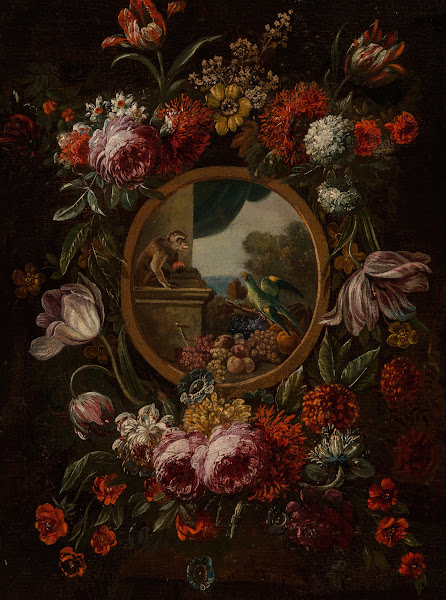 A garland of flowers encircling a tondo with fruit monkey and parrot