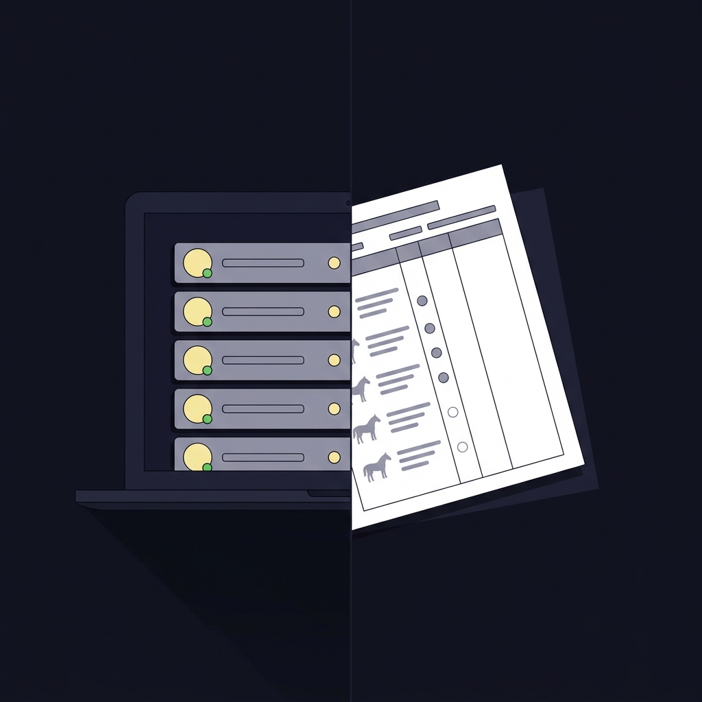Minimalist 2D vector split image of a laptop leaderboard and a racing form paper illustrating betamerica horse racing data verification in Funded Plays color palette