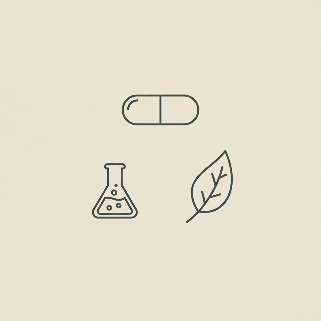 Minimalist Tonum-style vector line illustration of a capsule, leaf, and lab beaker arranged in a circle on beige background, illustrating what will a doctor prescribe for weight loss