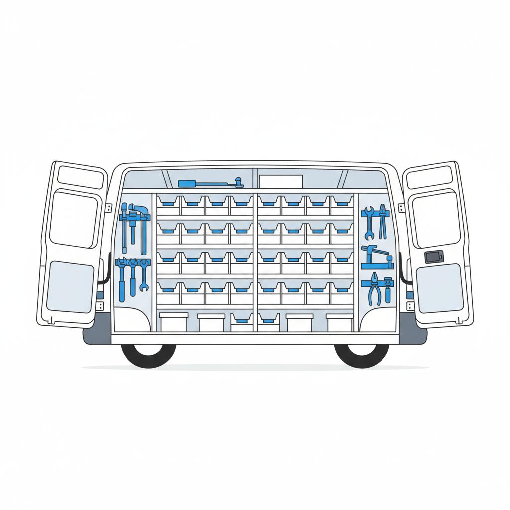 Vector illustration of a tidy service van interior with organized parts bins and color-coded containers viewed from the doorway &mdash; What type of plumber makes the most money?