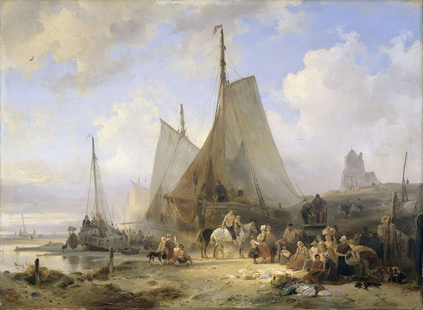 Fishing Boats on the Beach with Fishermen and Women Sorting the Catch 1835