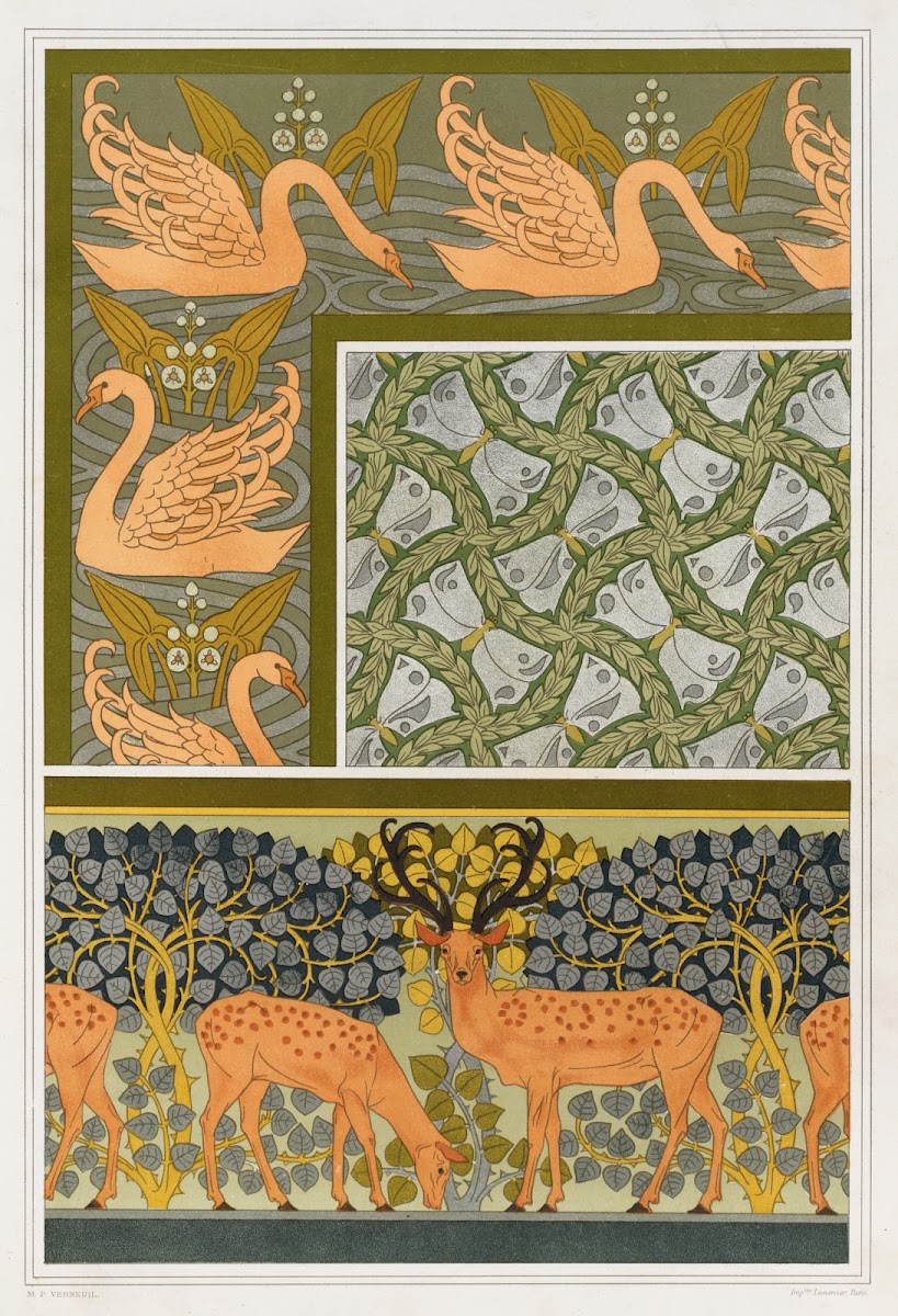 Cygnes et sagittaire bordure Pappillons et feuillages étoffe Cerfs et biches fri