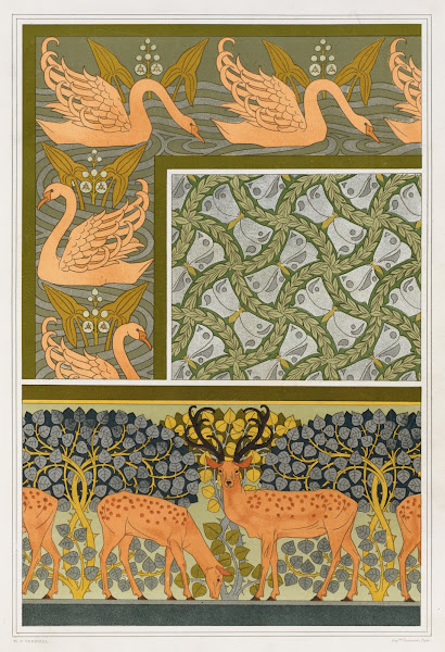 Cygnes et sagittaire bordure Pappillons et feuillages étoffe Cerfs et biches fri