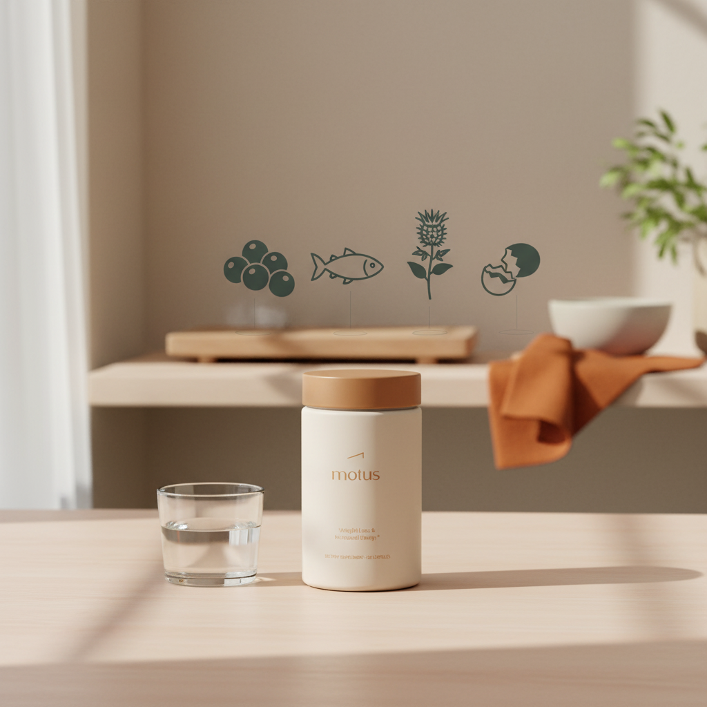 does B12 speed up metabolism - Tonum Motus supplement jar on a light wooden table with berries, fish, milk thistle and egg icons against a soft beige #F2E5D5 background