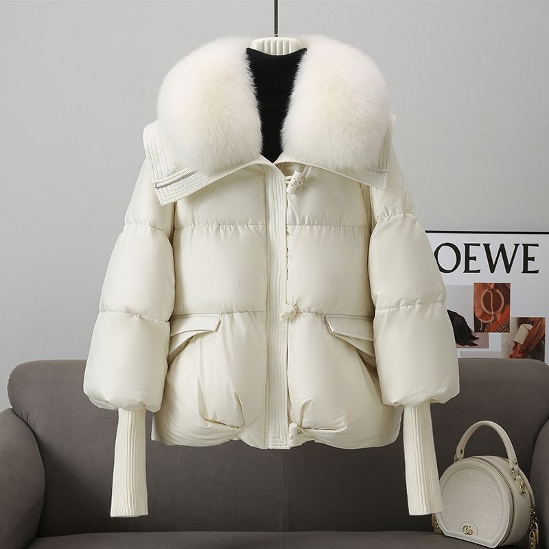 Short women's winter jacket with a large lapel collar