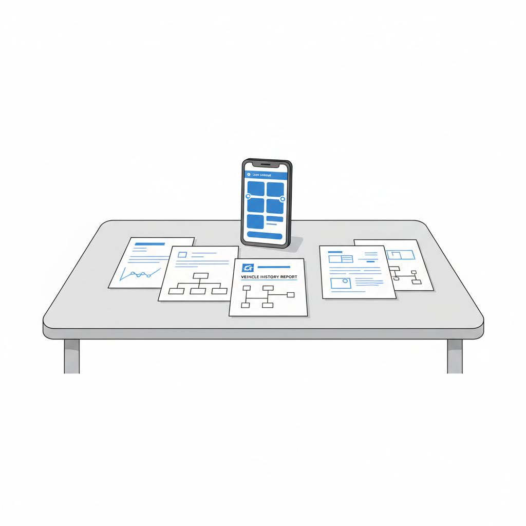 Minimal 2D vector of printed service records and a vehicle history report on a white kitchen table with a smartphone showing stylized local listings hint used ford ranger for sale