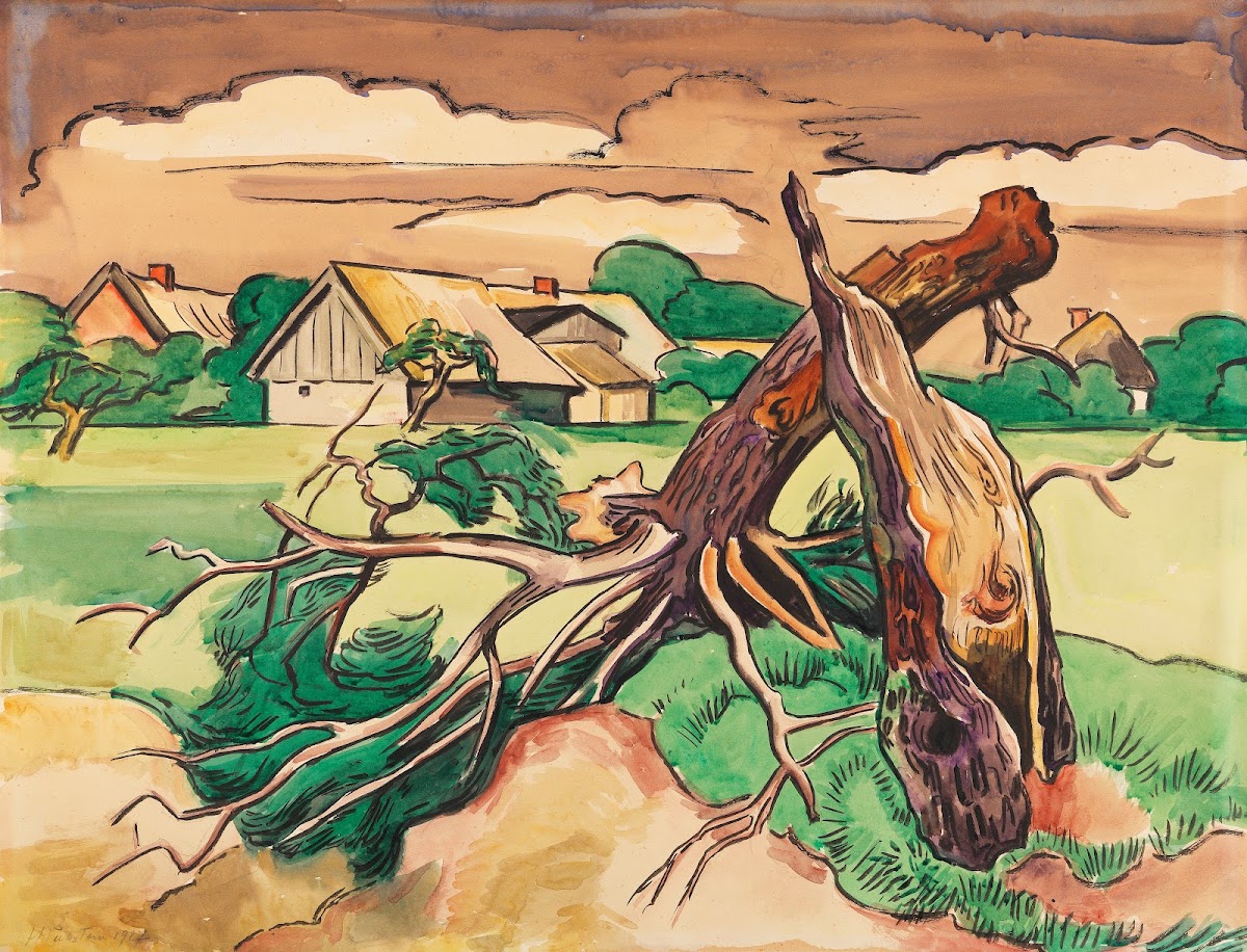 Broken tree in front of a Pomeranian village landscape 1927