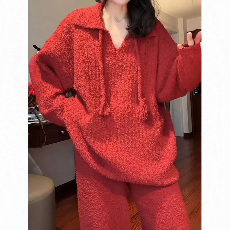 Warm women's plush jumpsuit, knit look
