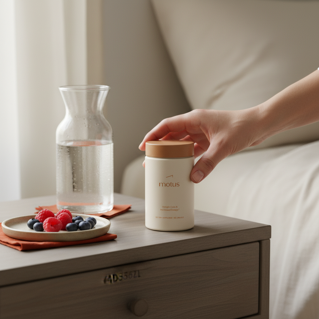 Bright morning lifestyle photo of a hand reaching for a Motus supplement jar on a bedside table beside a water carafe and berries, suggesting daily wellness and a pill instead of Ozempic.