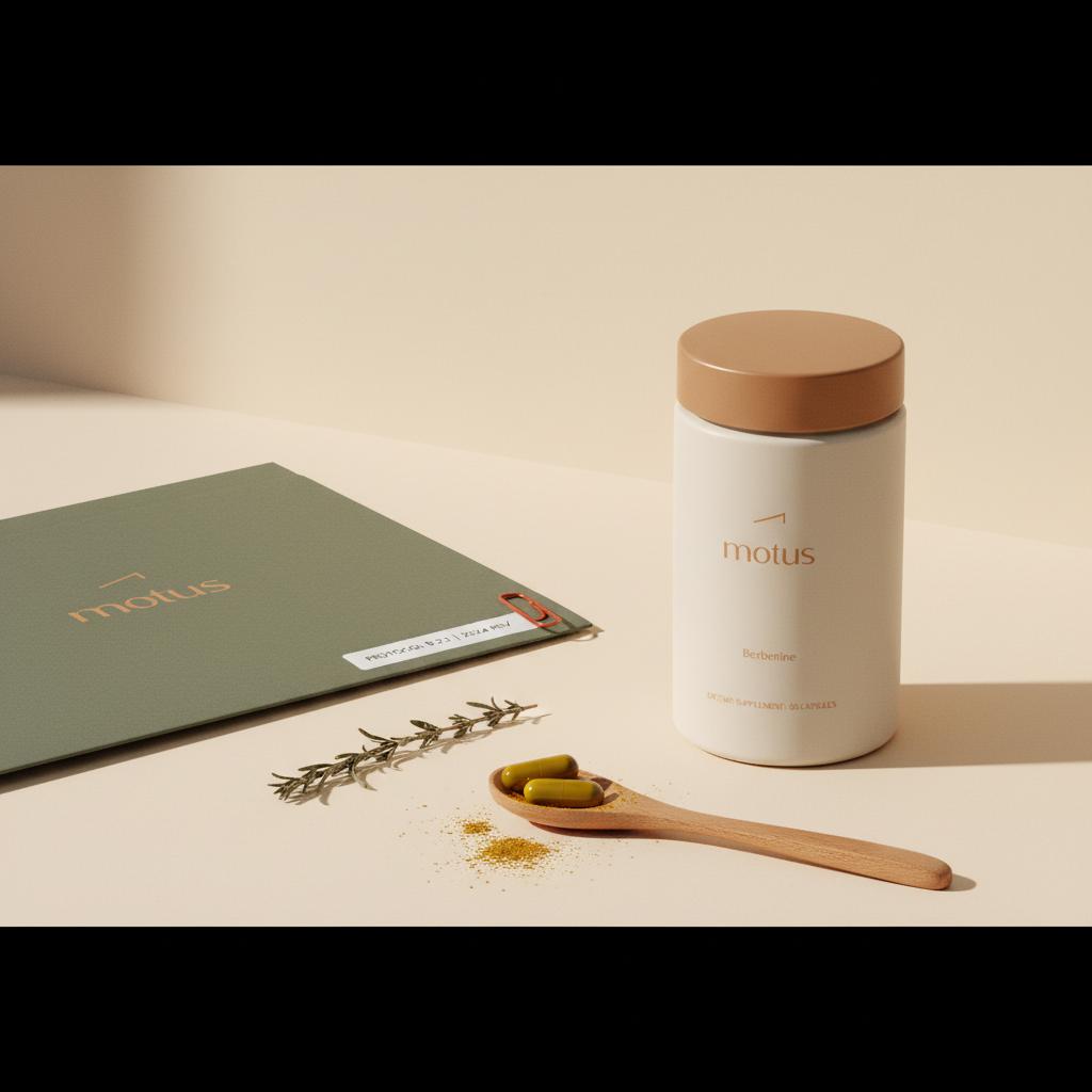 Small bottle of berberine capsules beside a Tonum-style research folder on a pale beige #F2E5D5 background, with a wooden spoon and dried herb sprig in a minimalist health-focused scene.