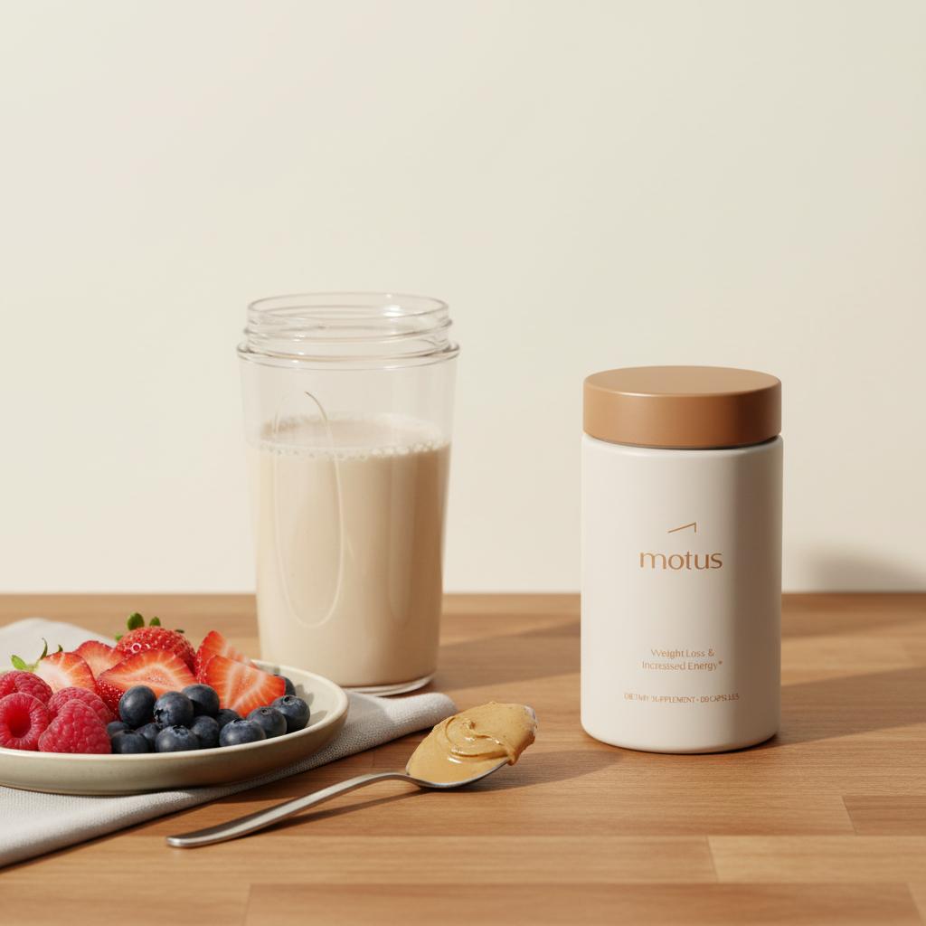 Minimal still-life of Motus supplement jar beside a clear protein shaker, mixed berries and nut butter on a wooden counter, promoting protein shakes for weight loss