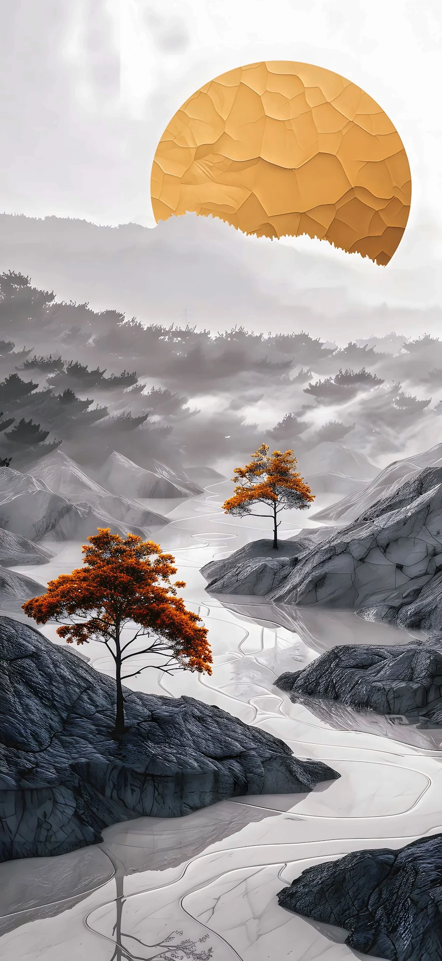 Golden Sun Monochromatic Fantasy Landscape Art - Free 4K mobile Wallpaper