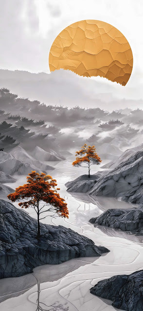Golden Sun Monochromatic Fantasy Landscape Art - Free mobile Wallpaper