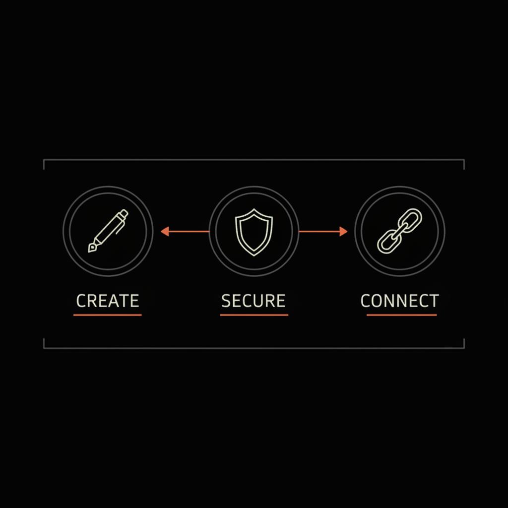 Minimal full-frame infographic on black background showing three steps: Create, Secure, Connect with circular #dddddd icons and #dc5c2b accent lines — open Gmail without phone number