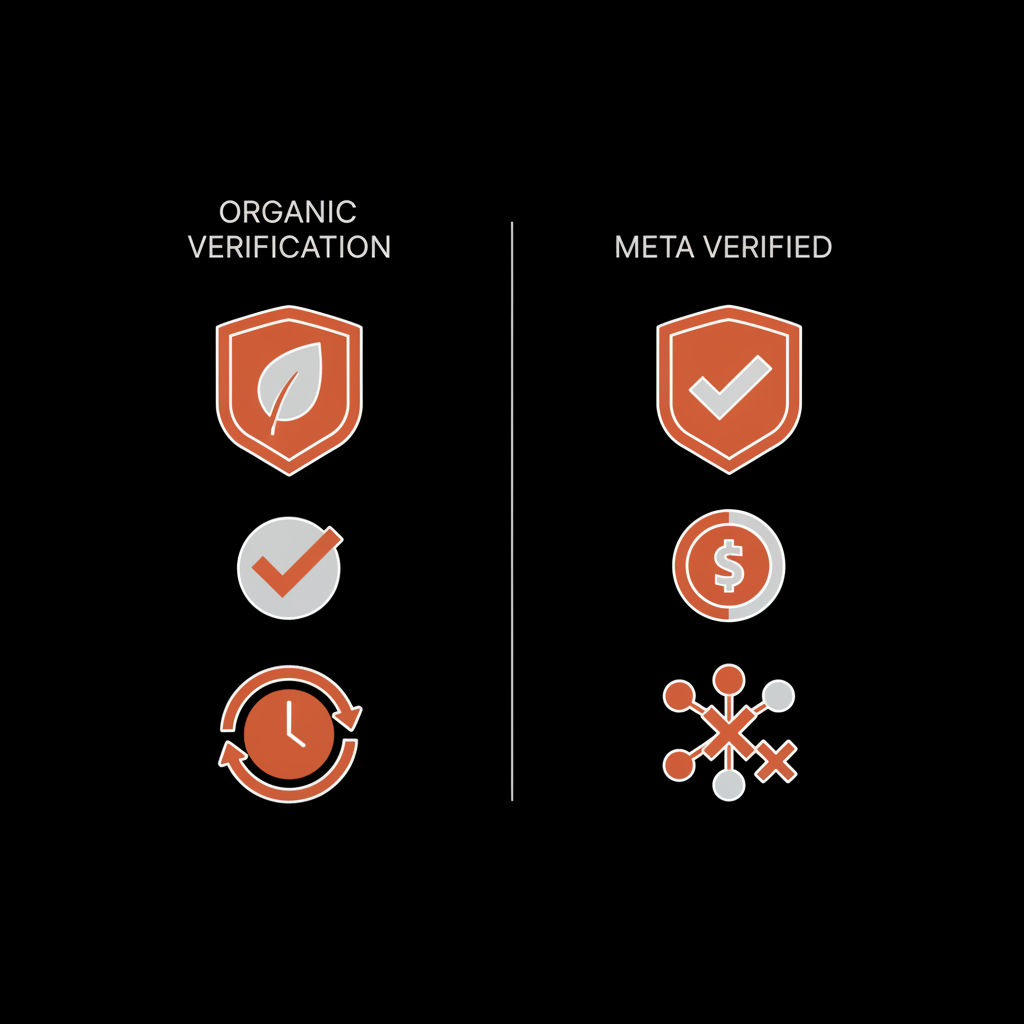 Minimal vector infographic comparing pros and cons of Organic verification vs Meta Verified using flat icons and brand colors for Instagram verification