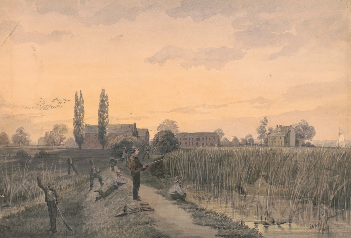 Bird hunting party on a levee with marsh grasses along the shore 1858