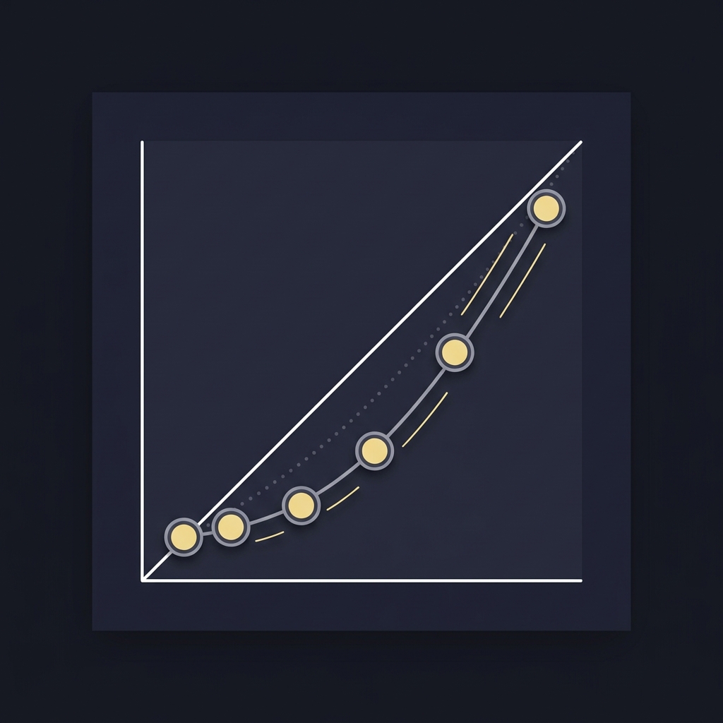 Minimalist 2D vector calibration chart illustrating confidence bins moving toward the diagonal line to explain How to Review Emotional Decisions Objectively