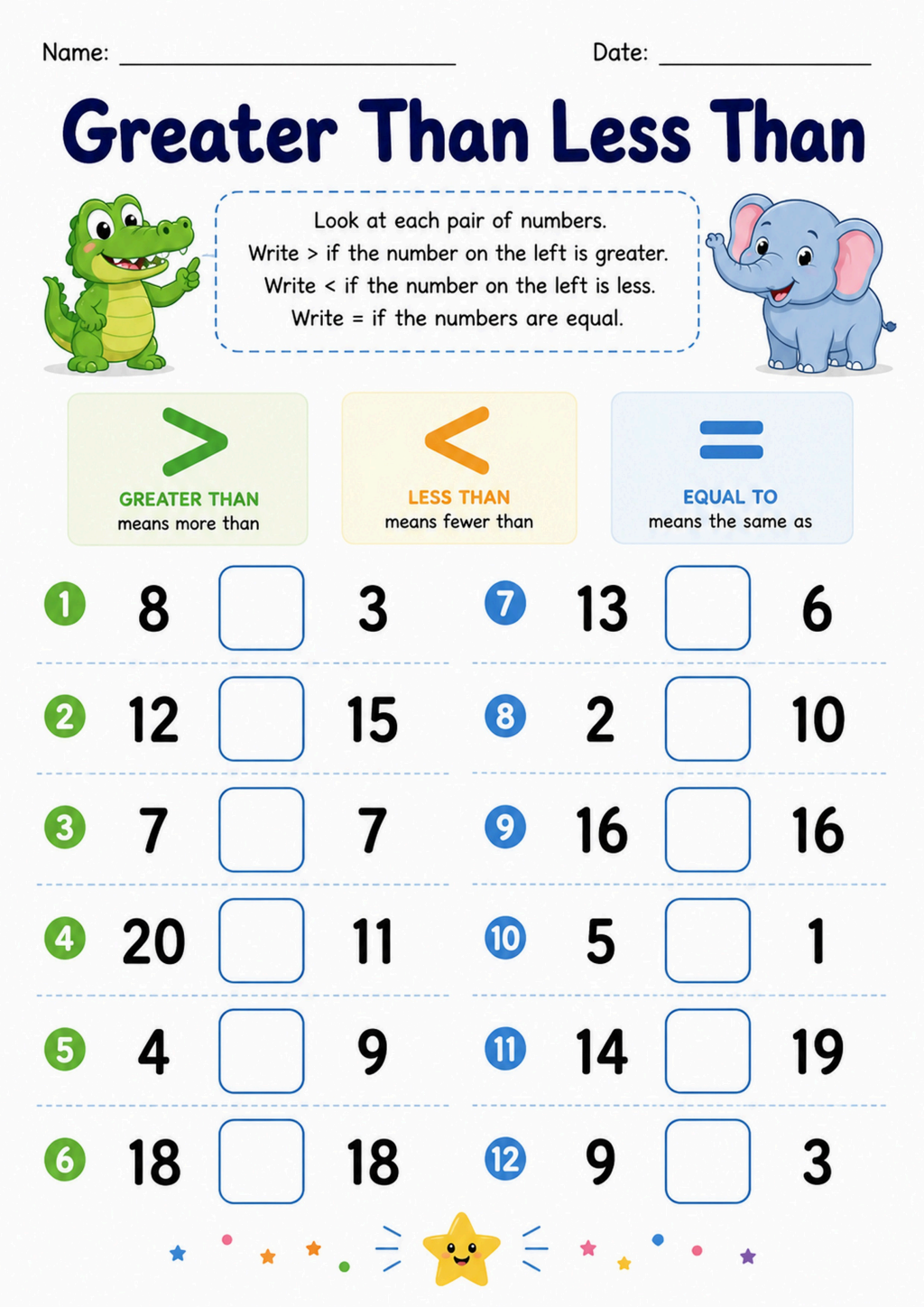 Greater Than Less Than Worksheet