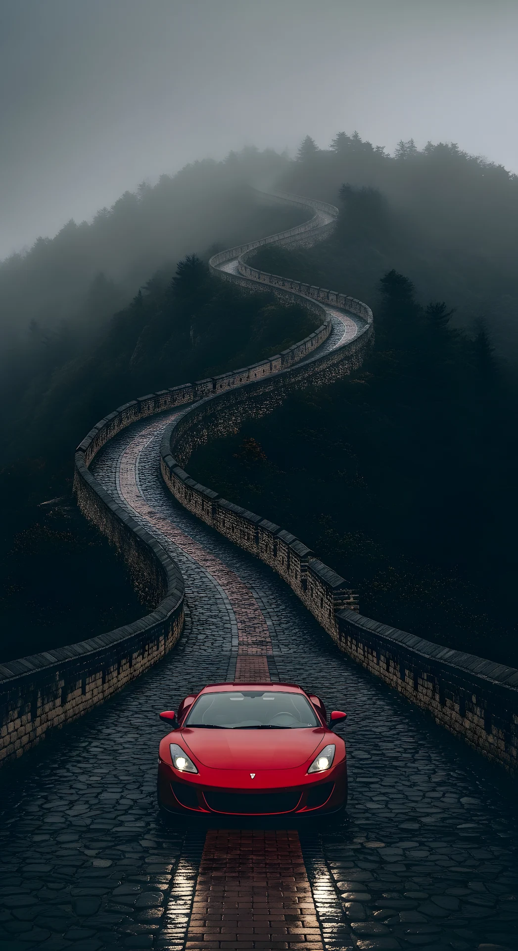 Red Sports Car Parked on a Winding Path by an Ancient Stone Wall in Mist - Free 4K mobile Wallpaper