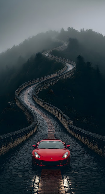 Red Sports Car Parked on a Winding Path by an Ancient Stone Wall in Mist - Free mobile Wallpaper