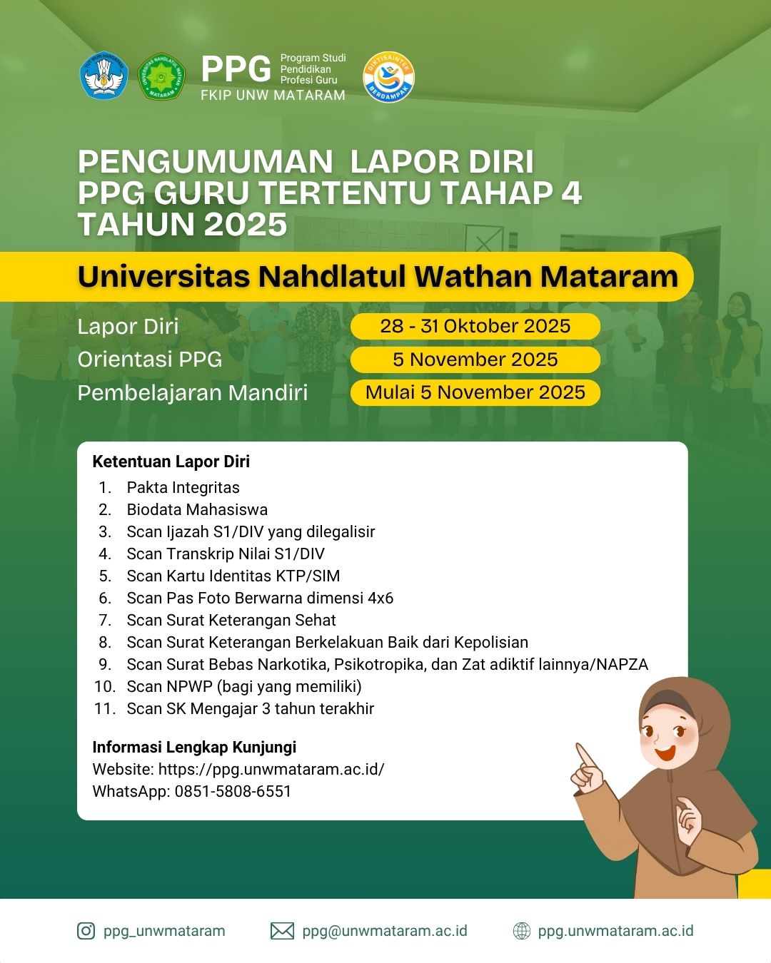 PENGUMUMAN LAPOR DIRI PPG GURU TERTENTU TAHAP 4 TAHUN 2025 UNIVERSITAS NAHDLATUL WATHAN MATARAM