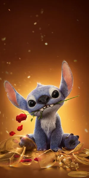 Stitch Holds a Single Red Rose 2K iPhone Wallpaper Background