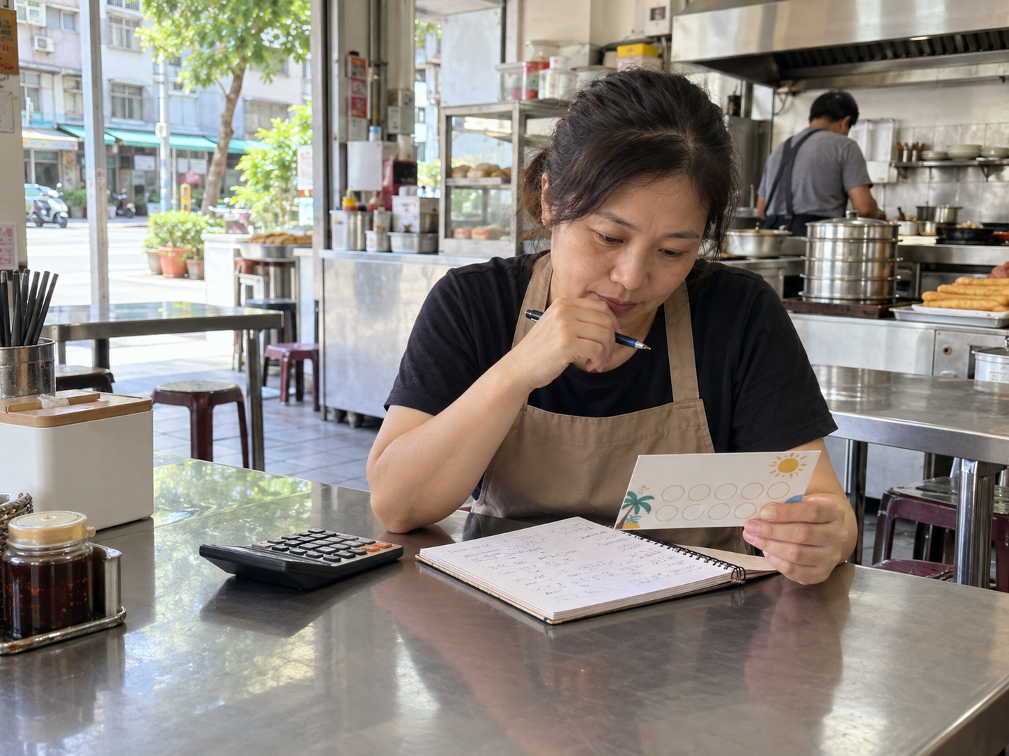 早餐店老闆用集點卡、筆記本與計算機規劃淡季活動