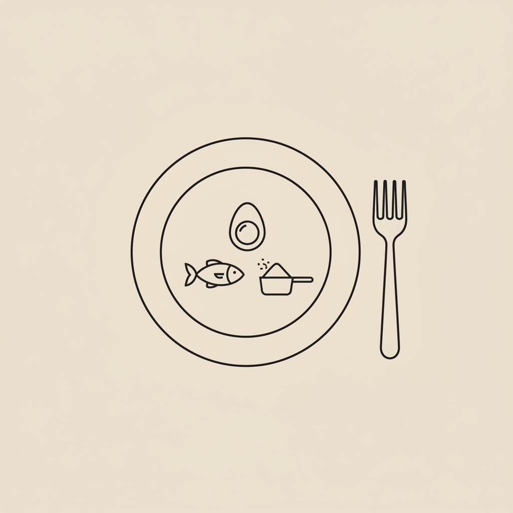 Minimalist Tonum-style line illustration of a plate with fork and three protein icons (fish, egg, protein scoop) on beige background showing how to get 100g protein a day low calories