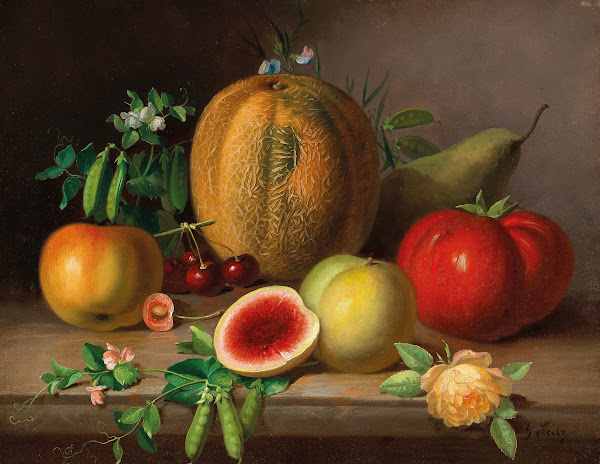 A Kitchen Still Life with Melon Tomato Apples Pears and Flowering Pea Pods