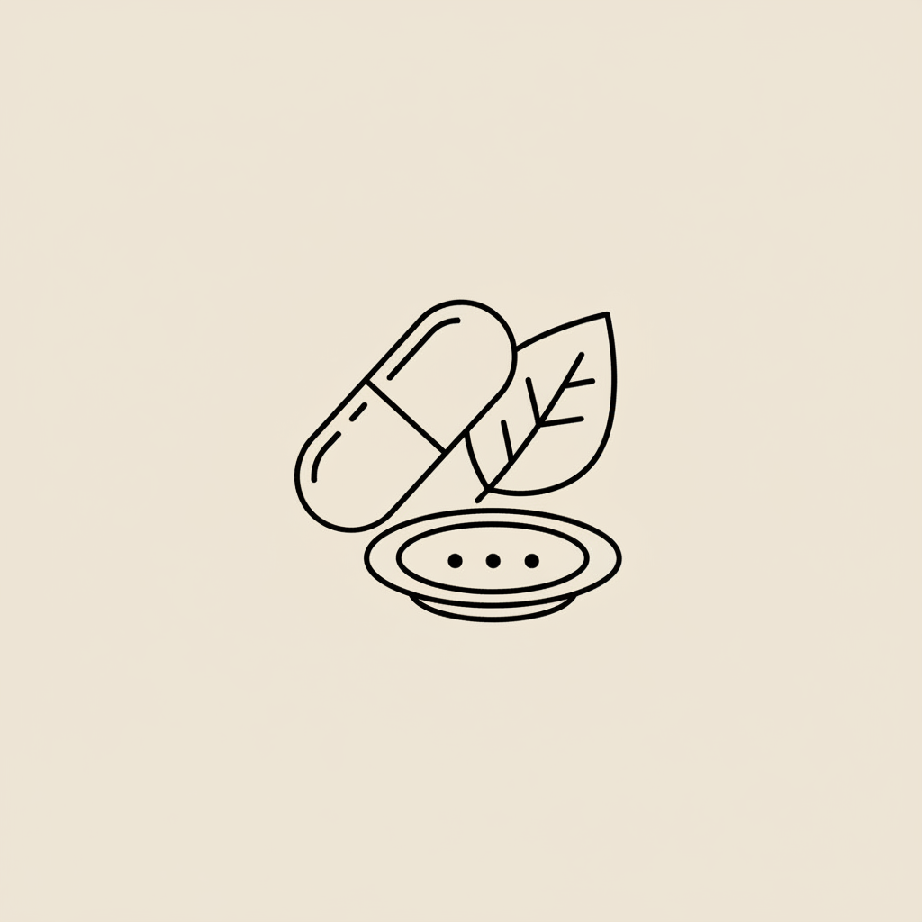 Minimal Tonum-style line illustration of a capsule, leaf and plate grouped in a circle on a beige background, symbolizing health, nature and food — 5 C's of sustainability