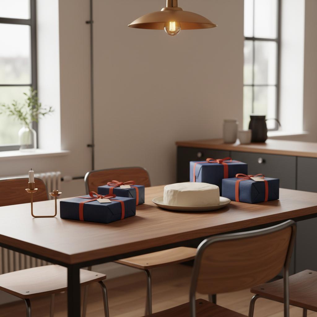 Intime Esstischszene mit Geschenken und Vanillekuchen in Steelmonks-Farben, warme industrielle Details und ruhige Stimmung – geburtstagswünsche beste freundin