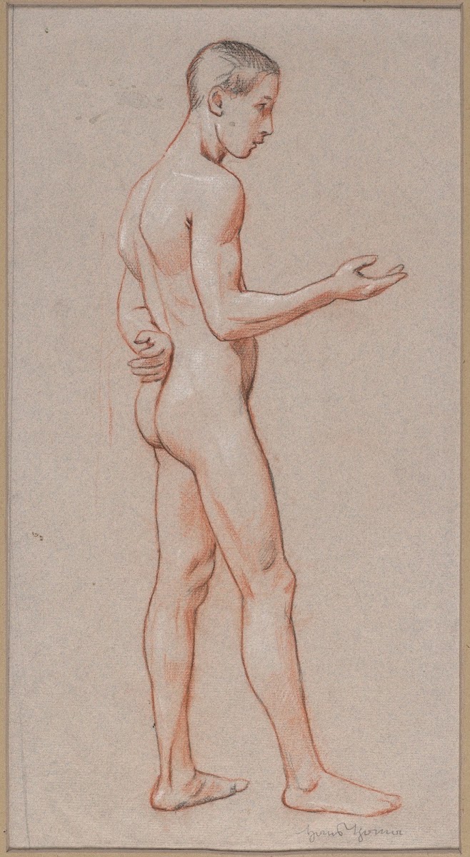 Nude of a Young Man with an Outstretched Hand Depicted in Profile Standing 1909