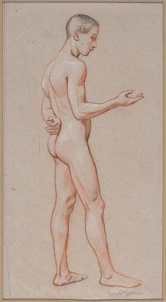 Nude of a Young Man with an Outstretched Hand Depicted in Profile Standing 1909