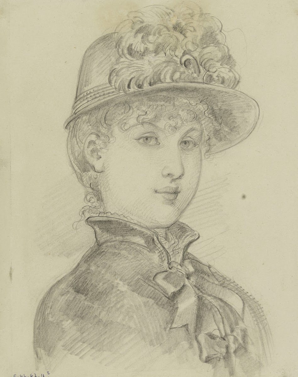 Portrait de femme de trois quarts avec petit chapeau de plumes et veste à col ha