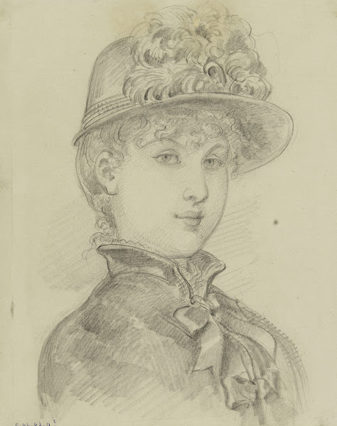 Portrait de femme de trois quarts avec petit chapeau de plumes et veste à col ha