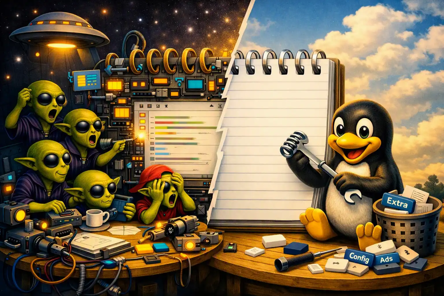 Tux simplifica un bloc de notas gigante mientras un grupo de marcianos lo complica con cables y aparatos.