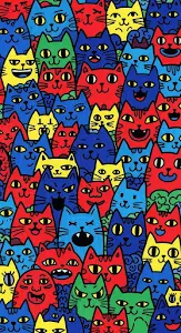Vibrant Hand-Drawn Doodle Collage of Cat Faces and Characters