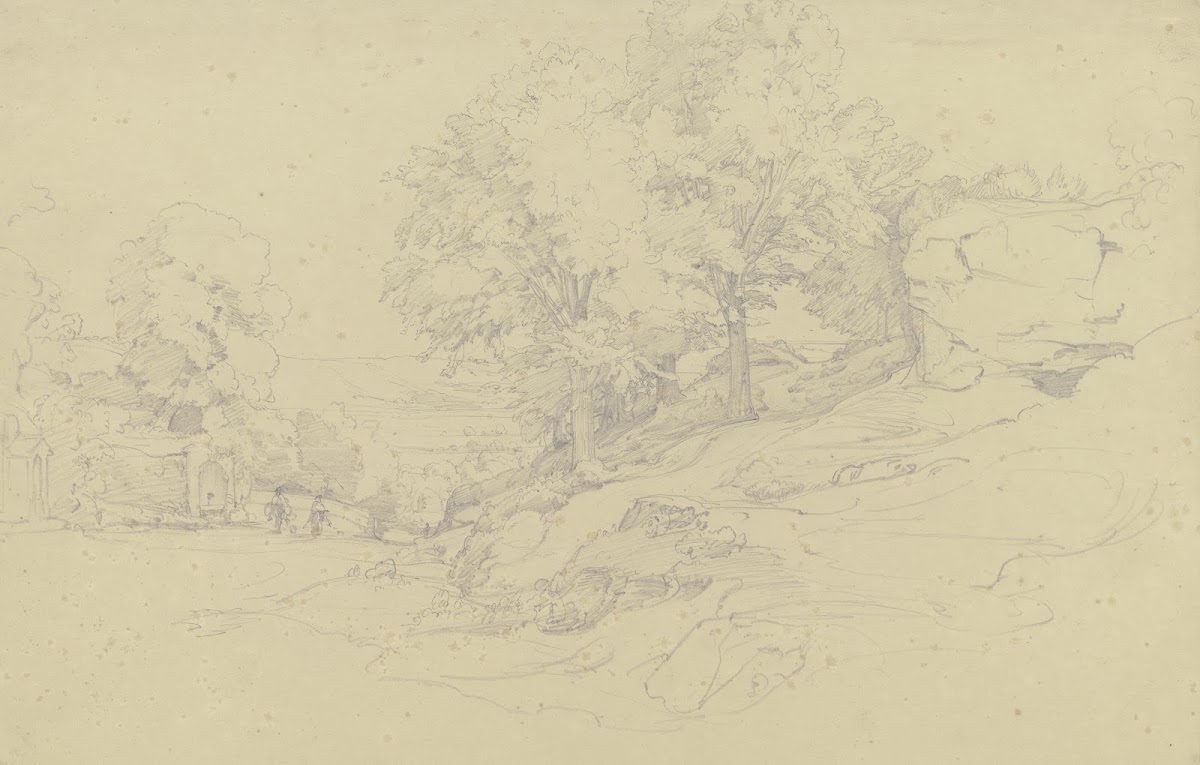 Italienische Landschaft mit einem Brunnen an der Straße