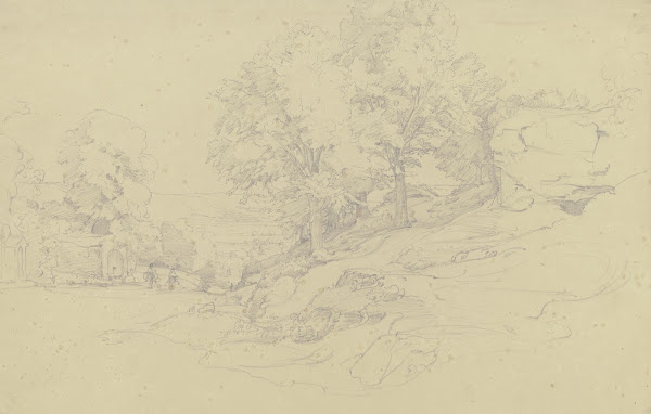 Italienische Landschaft mit einem Brunnen an der Straße