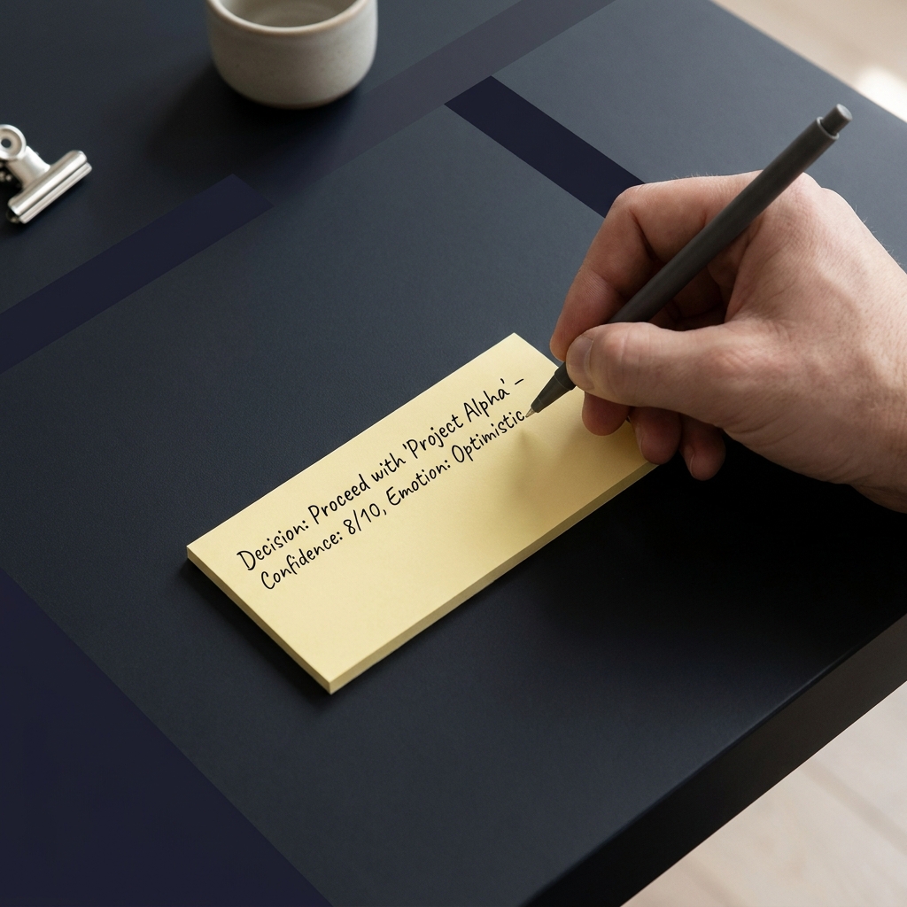 Close up of a generic hand writing a one line decision log on a sticky note showing a confidence rating and an emotion rating How to Review Emotional Decisions Objectively