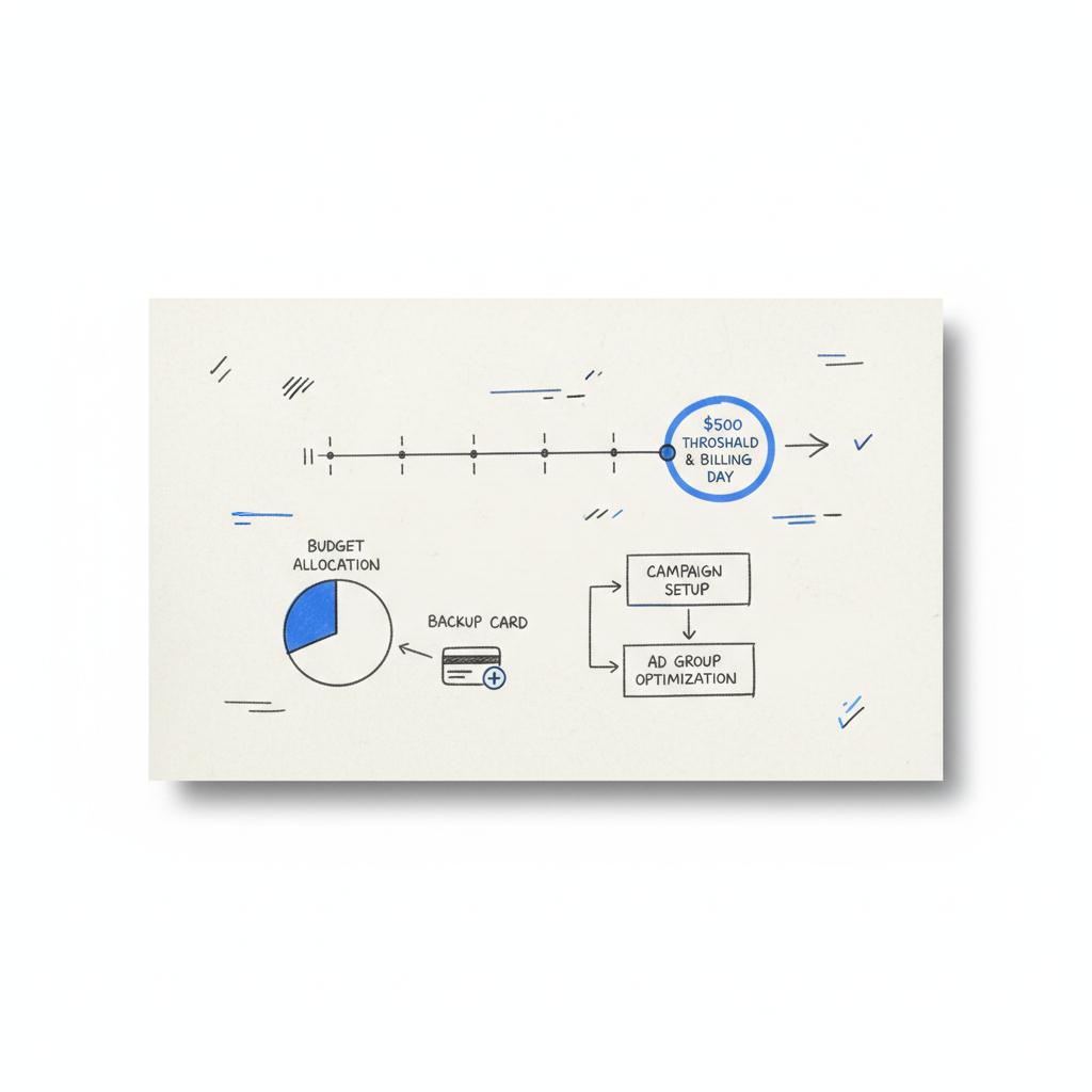 Close-up planner sketch of a spend timeline with arrows to a marked billing day, pencil-scribble notes and blue accent highlights suggesting payment checks and backup card for Google Ads $500 threshold