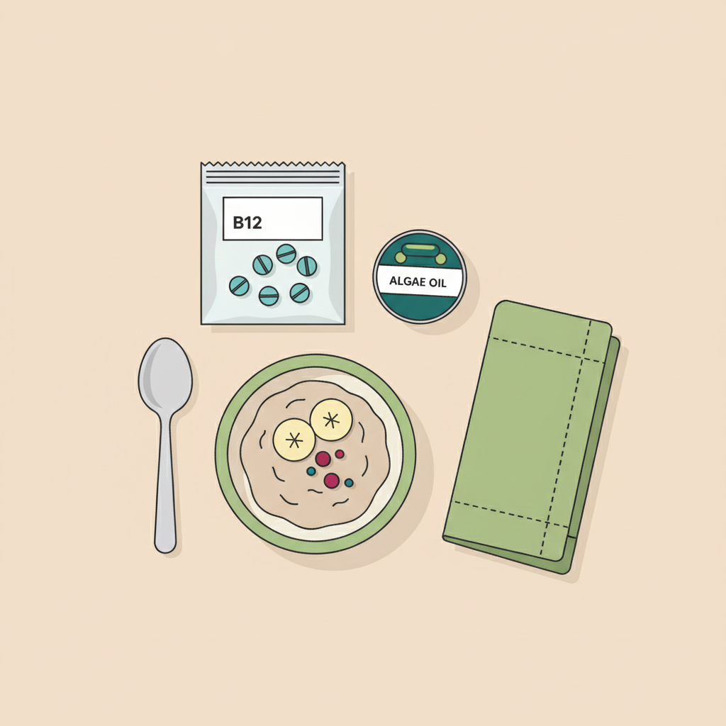 Minimalistisches Stillleben mit geöffnetem Pack veganer Supplemente (B12-Tabletten, Algenöl-Kapseln) neben Haferbrei und frischem Obst – Thema: Nachteile veganer Ernährung.