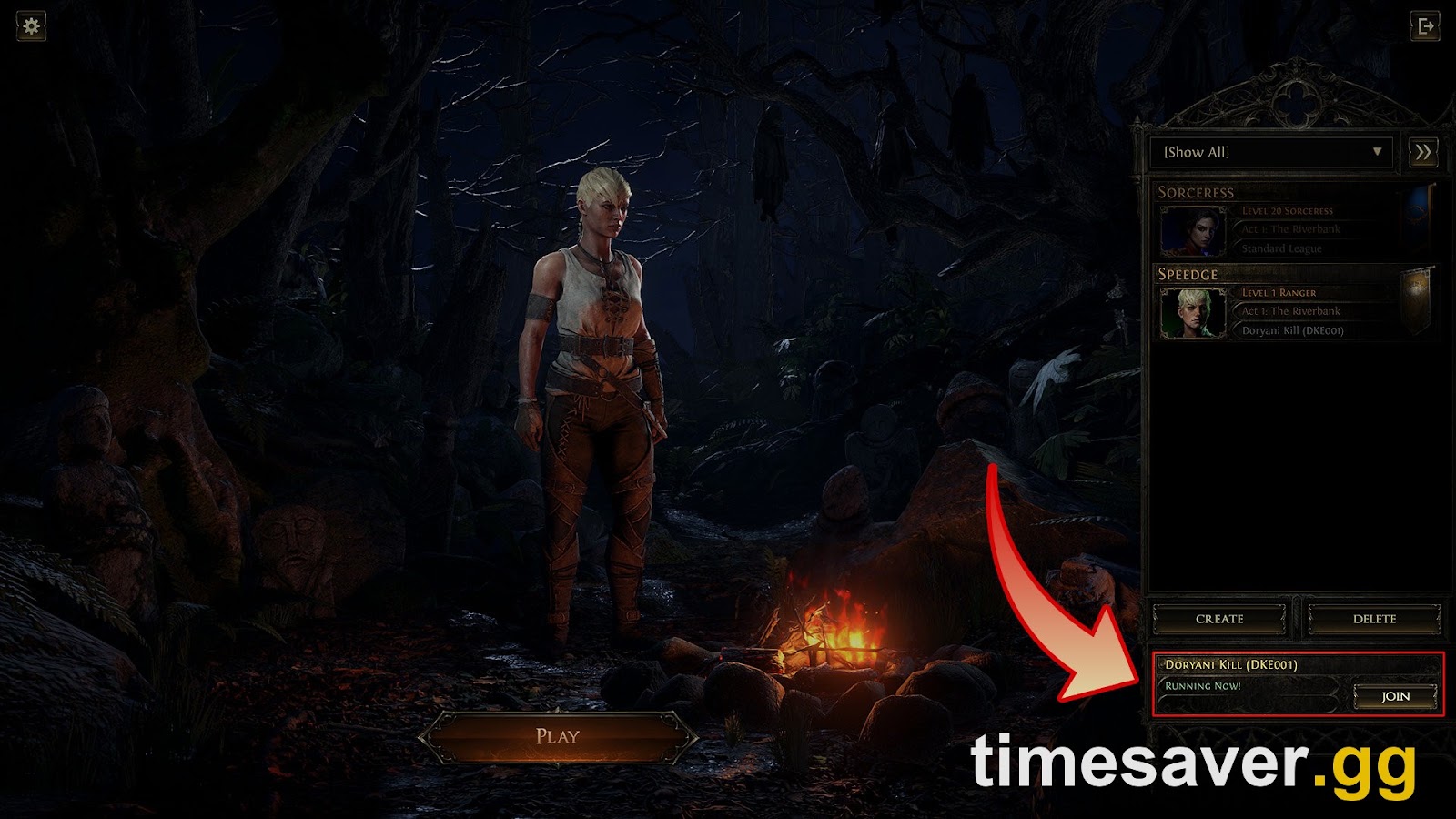 Path of Exile 2 Character Select screen showing the ExileCon race event with the Join button highlighted
