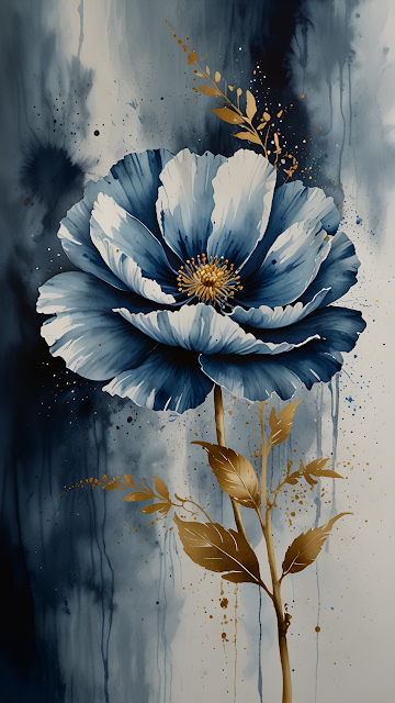 Blue Poppy with Gold Accents on Textured Watercolor Background - Free mobile Wallpaper