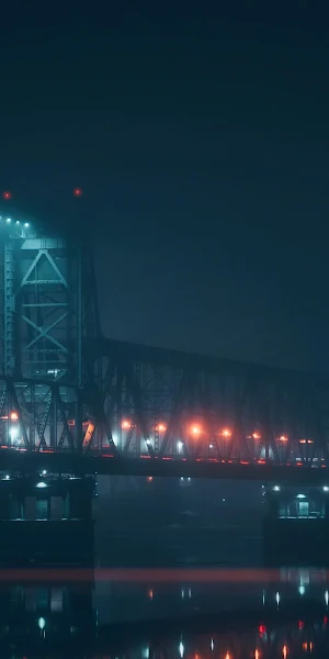 Night Bridge, River Reflection, Foggy Landscape, Urban Scene 4K Wallpaper Background