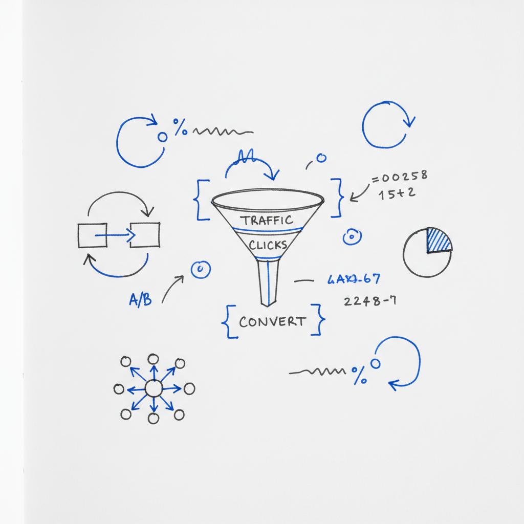 Close-up notebook sketch of a PPC funnel and iterative conversion-rate calculations emphasizing testing and iterations &mdash; Is pay-per-click profitable