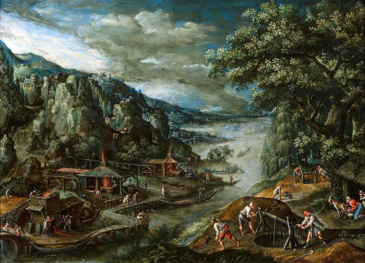 River landscape with iron mining scene 1611