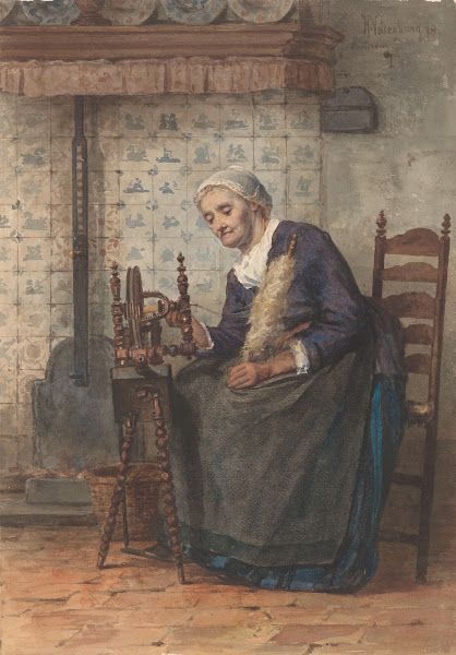 Oude vrouw in interieur aan spinnewiel 1878